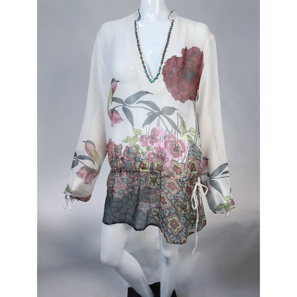 Yuka Beach Floral Embellished Chiffon Tunic Top L White Multicolor Lightweight - Picture 16 of 16